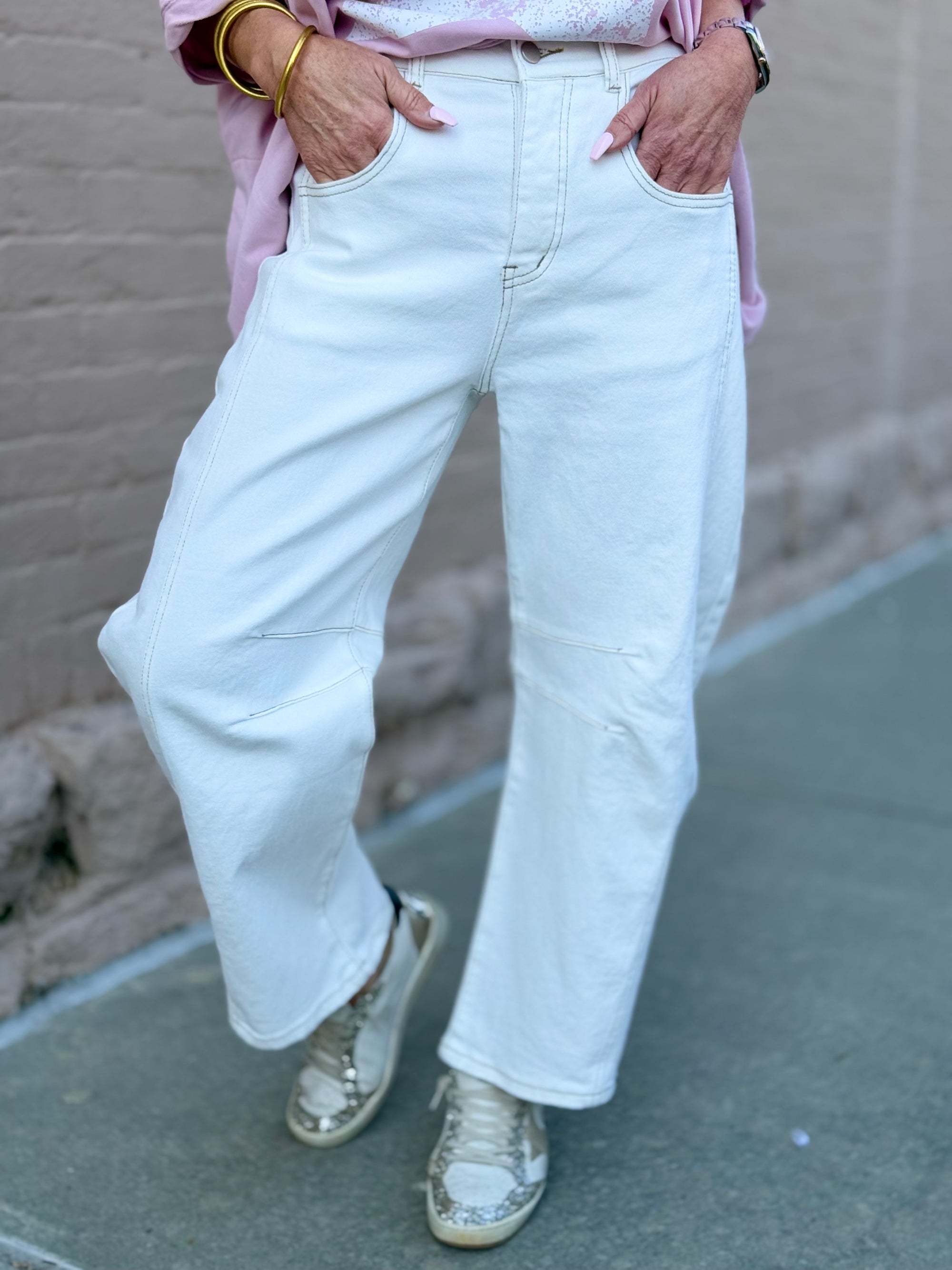 White Contrast Stitch Barrel Jeans