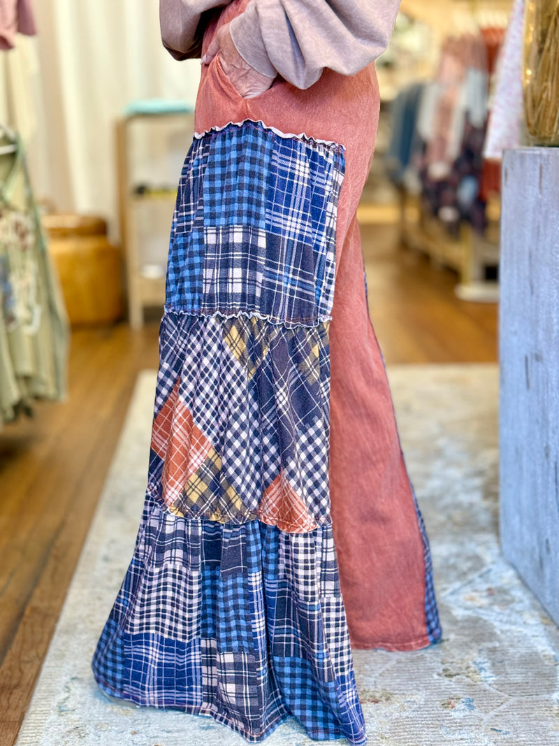 Tiered Plaid Patchwork Wide Leg Pants