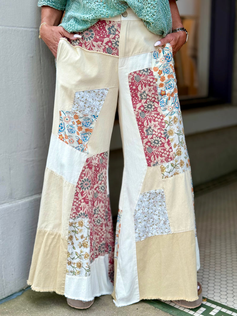 Multi Floral Colorblock Wide Leg Pants