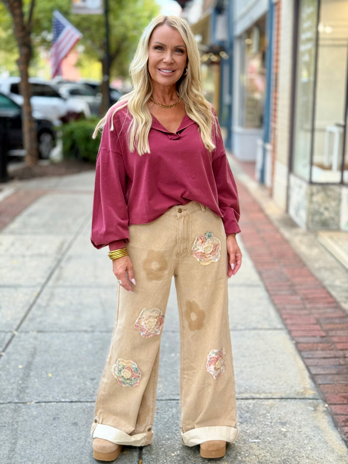 Floral Patch Cuffed Wide Leg Pants