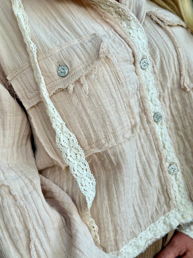 Textured Lace Trim Hooded Top