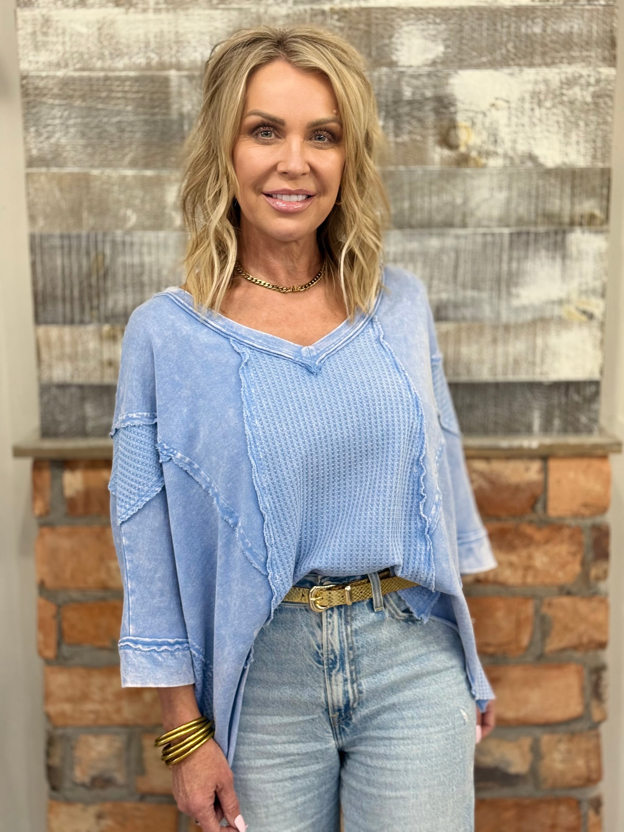 Washed Thermal V Neck Top in Blue