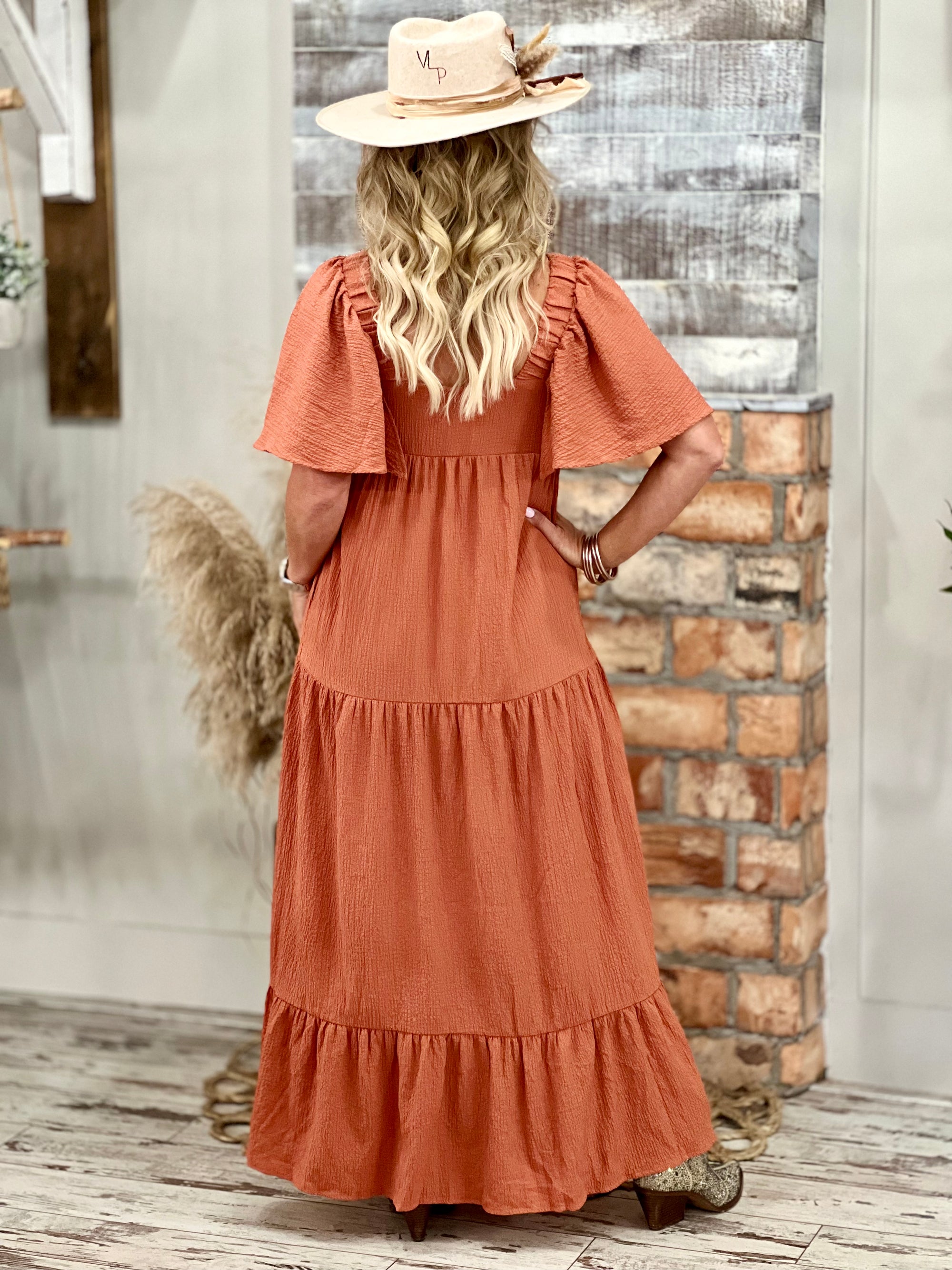 Tiered Flare Sleeve Maxi Dress in Rust