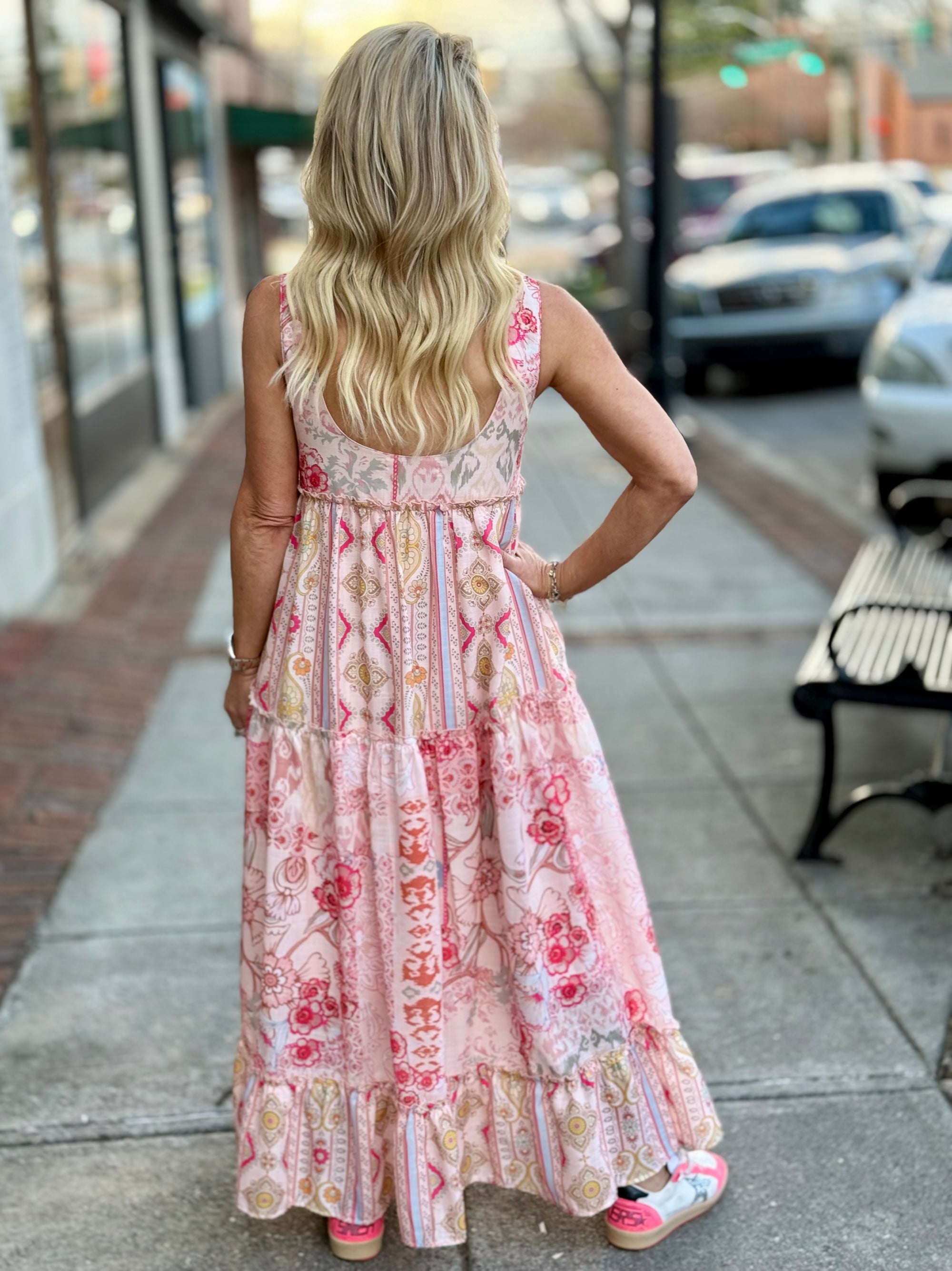 Ruffle Hem Mixed Print Maxi Dress