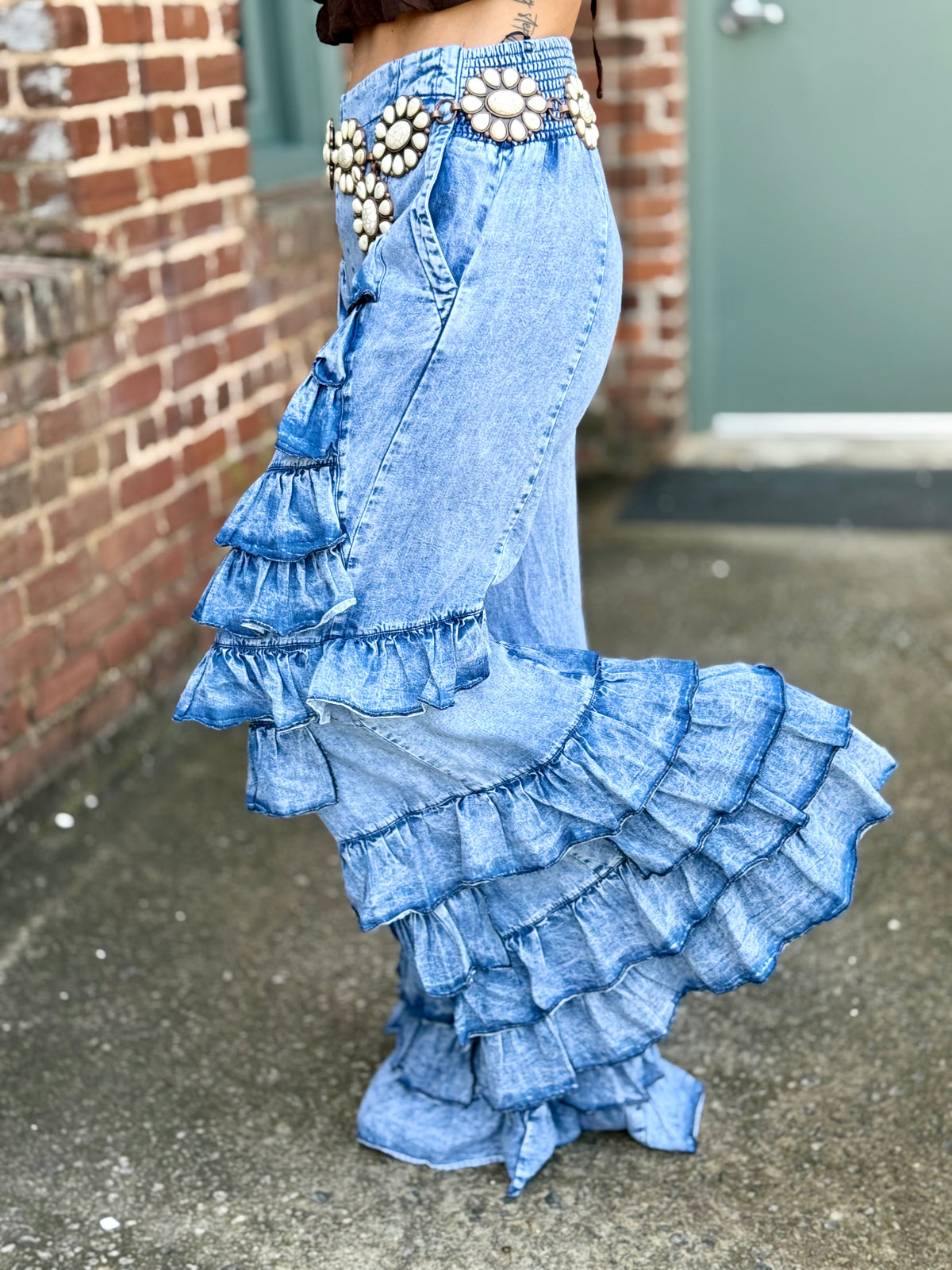 Tiered Ruffle Bell Bottom Pants