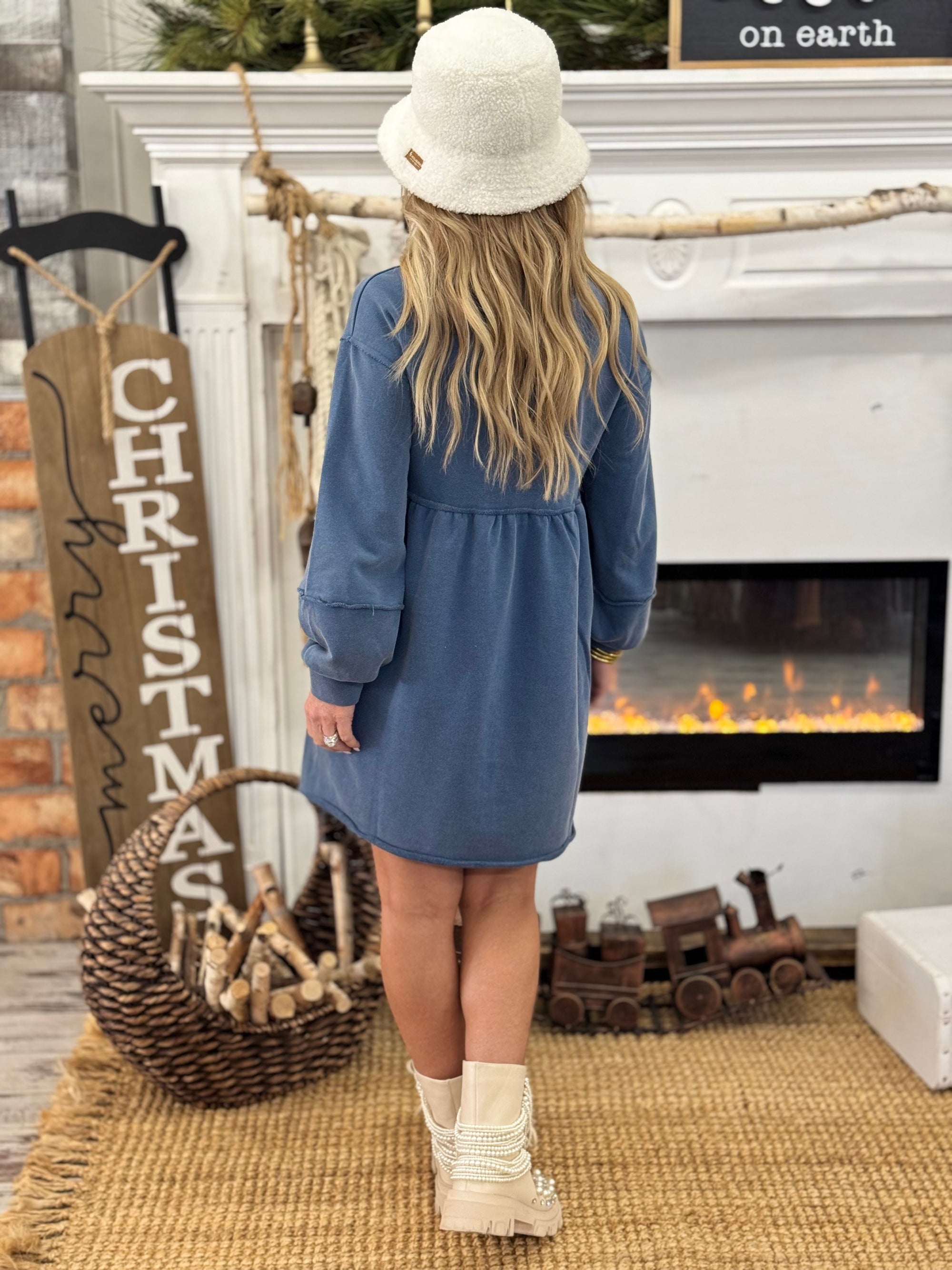 Raw Edge Babydoll Sweatshirt Dress | Navy