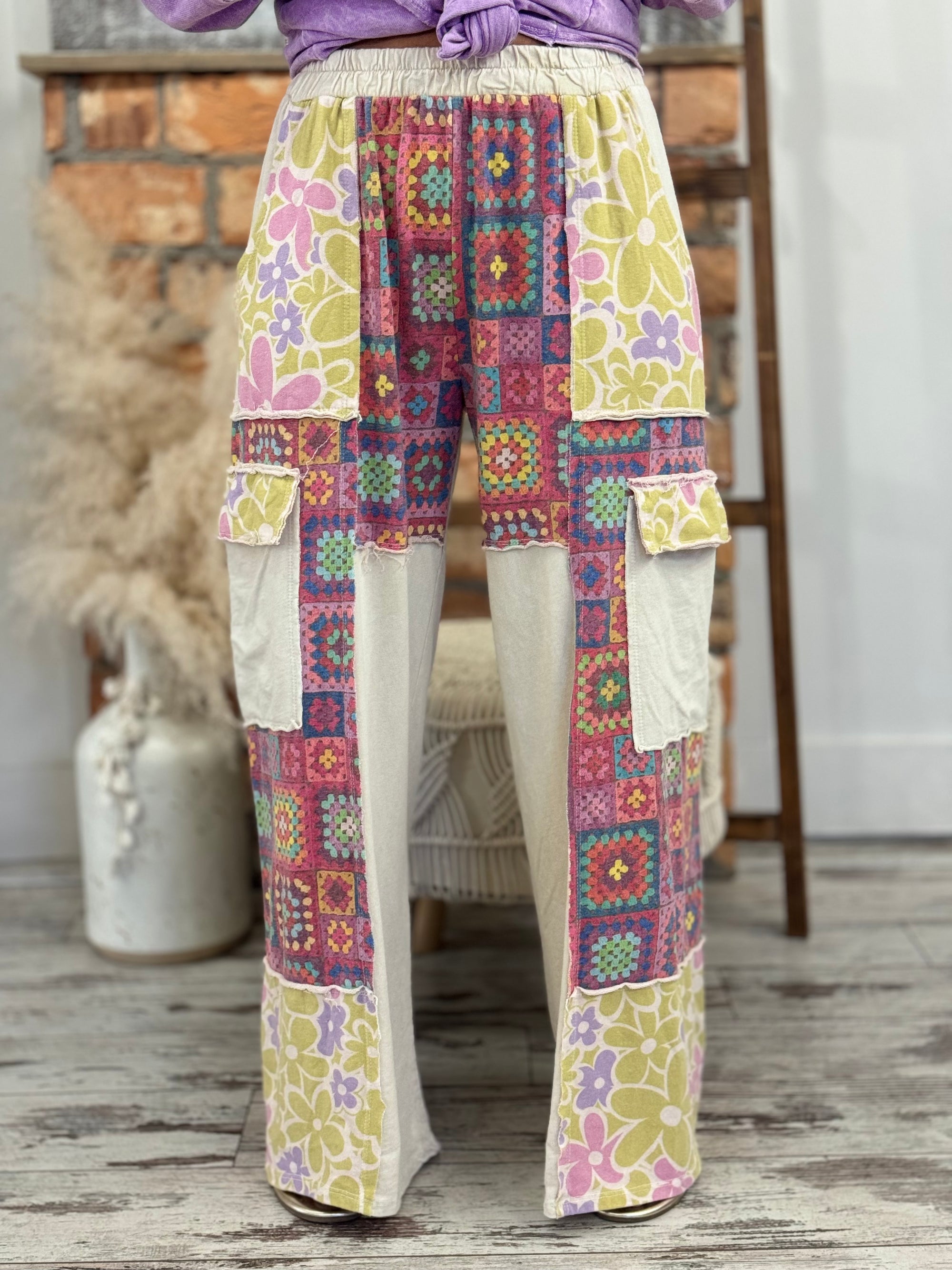 Crochet Floral Wide Leg Cargo Pants