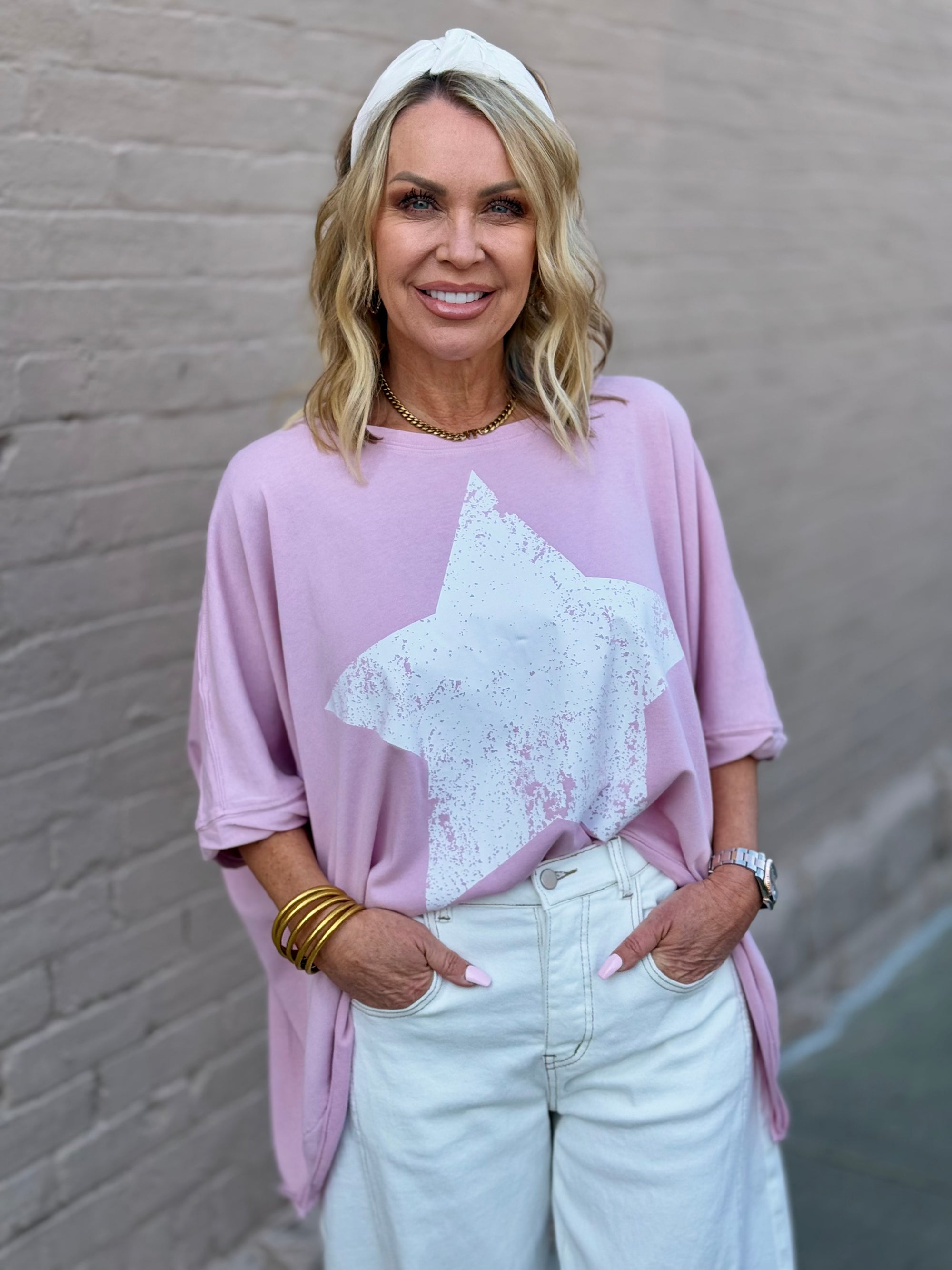 Oversized High Low Star Top | Pink