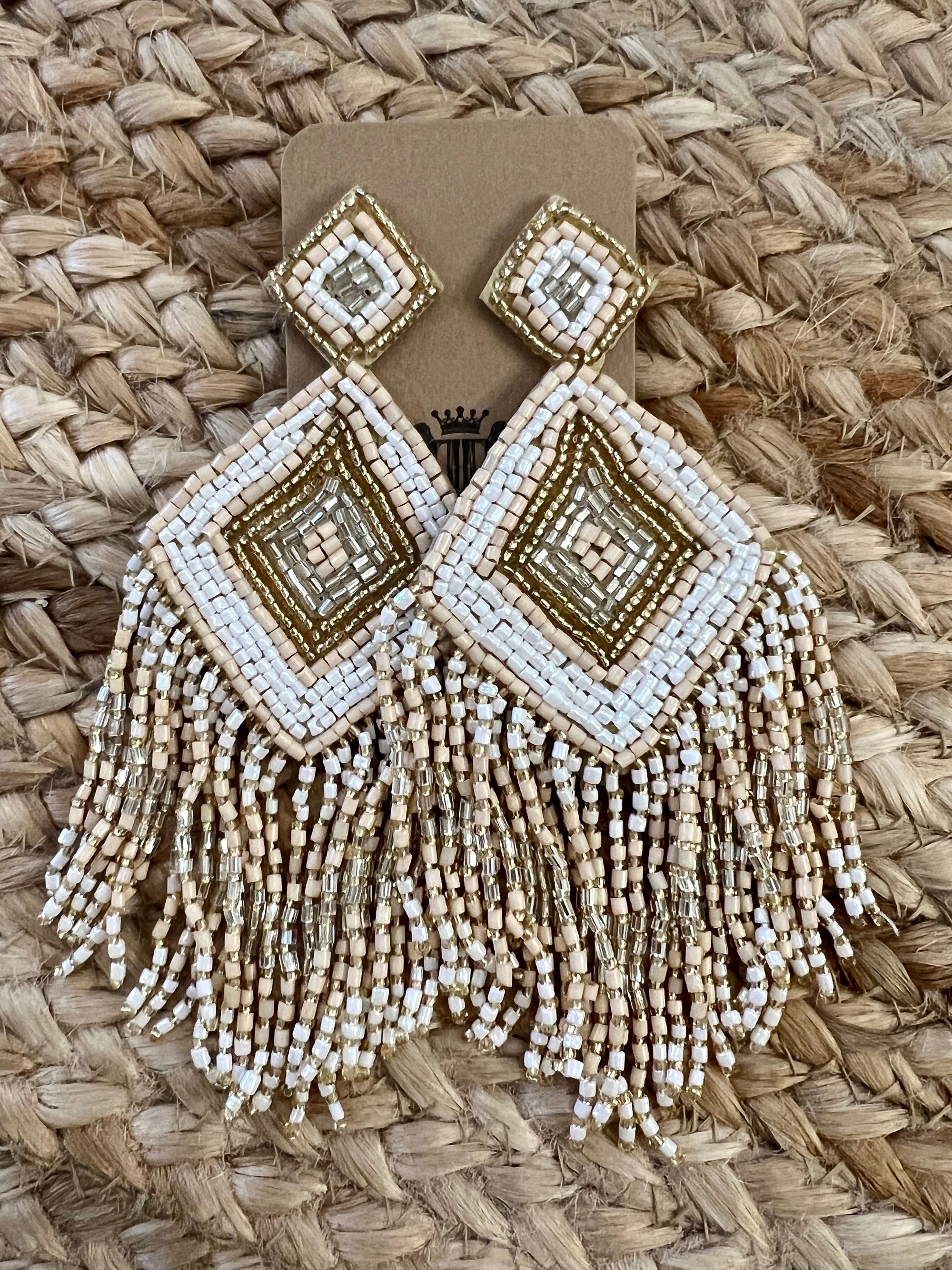 Seed Bead Rhombus Tassel Earrings in Natural