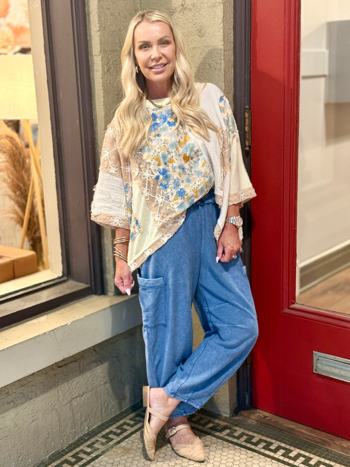 Floral Colorblock Mixed Fabric Top
