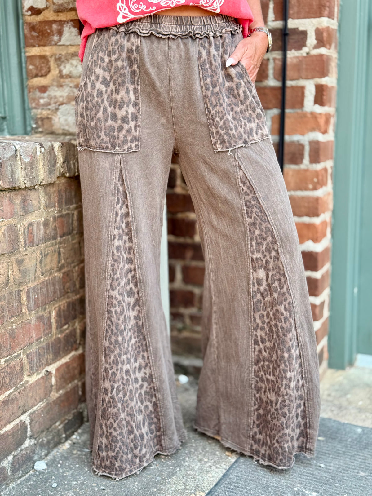 Washed Leopard Panel Flare Pants