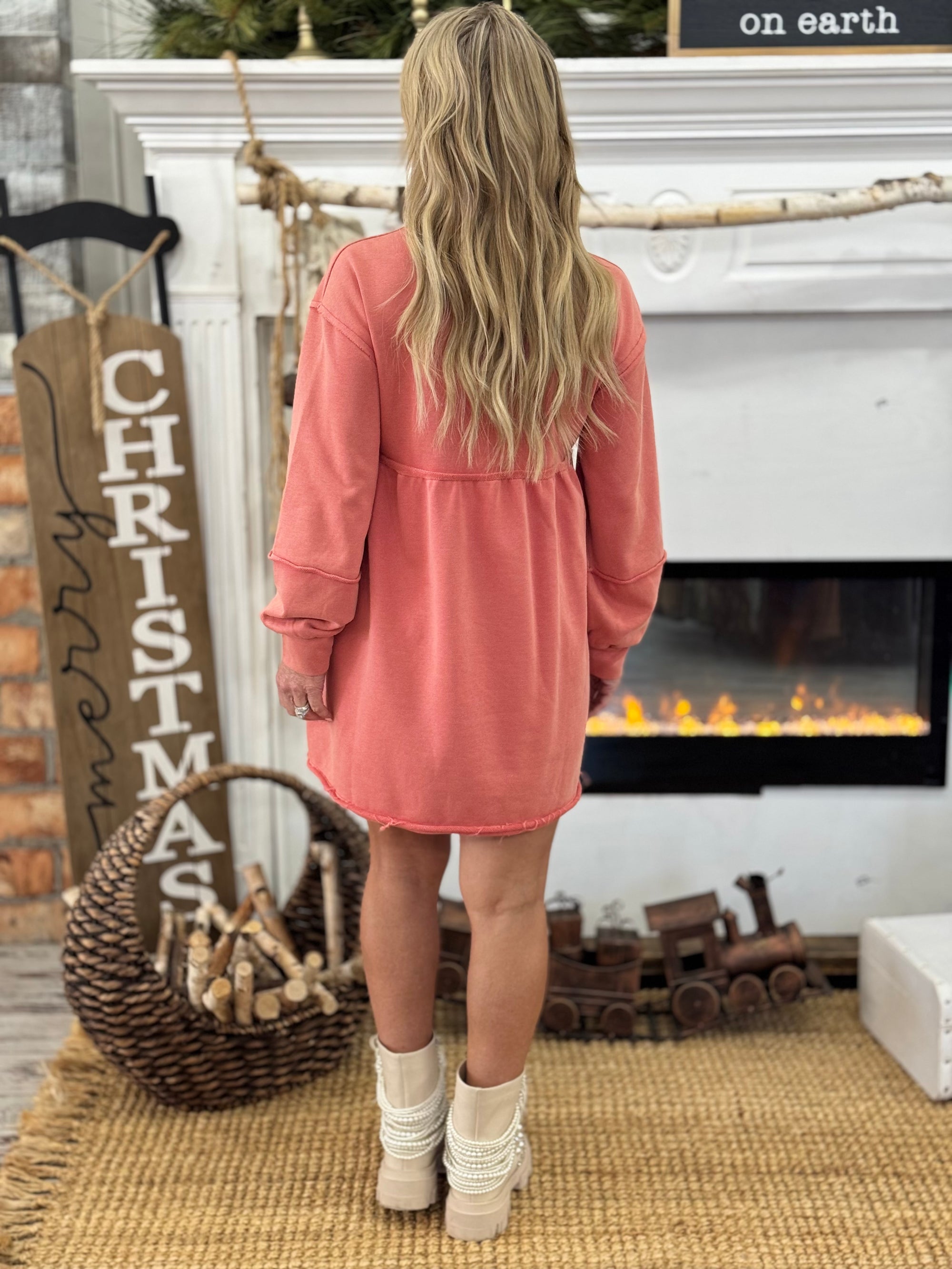 Raw Edge Babydoll Sweatshirt Dress | Orange