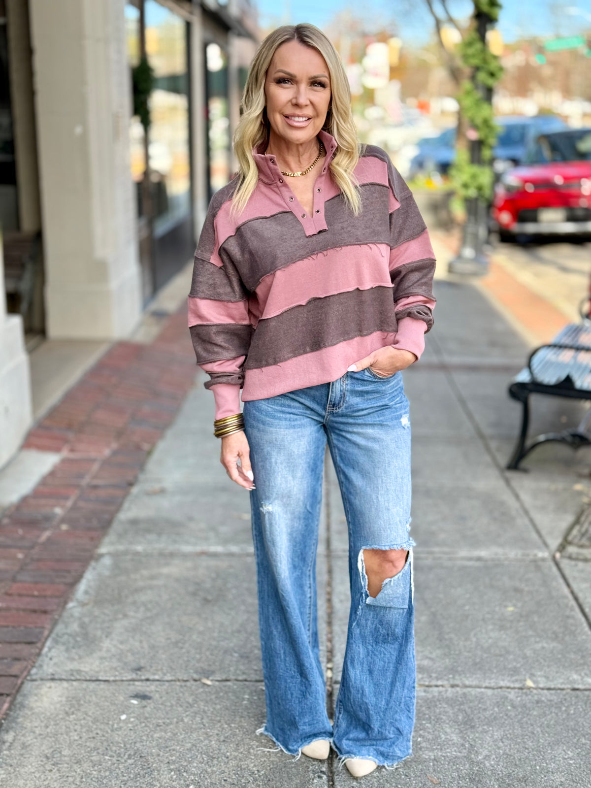 Striped Raw Edge Henley Pullover