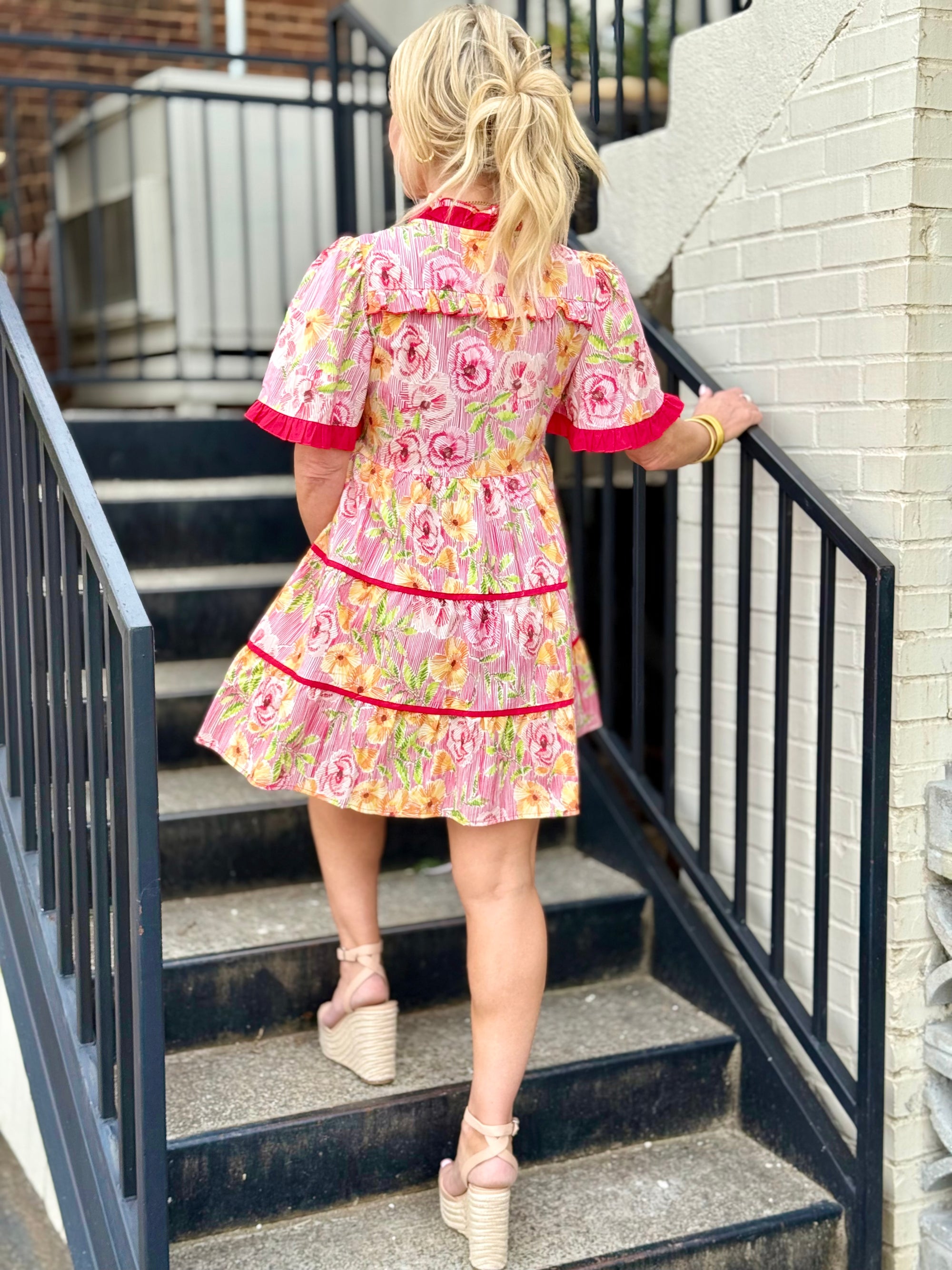 Floral Ruffle Trim Tiered Dress