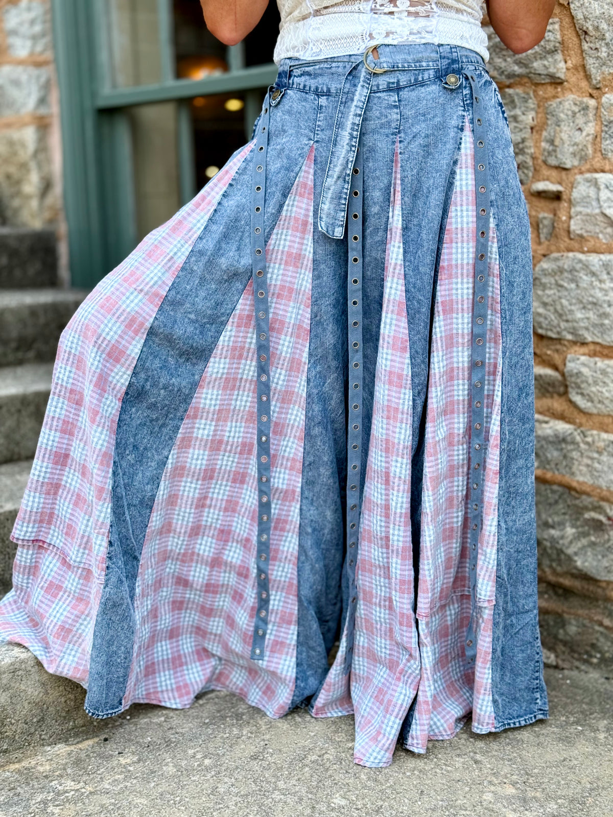 Plaid Panel Wide Leg Pants