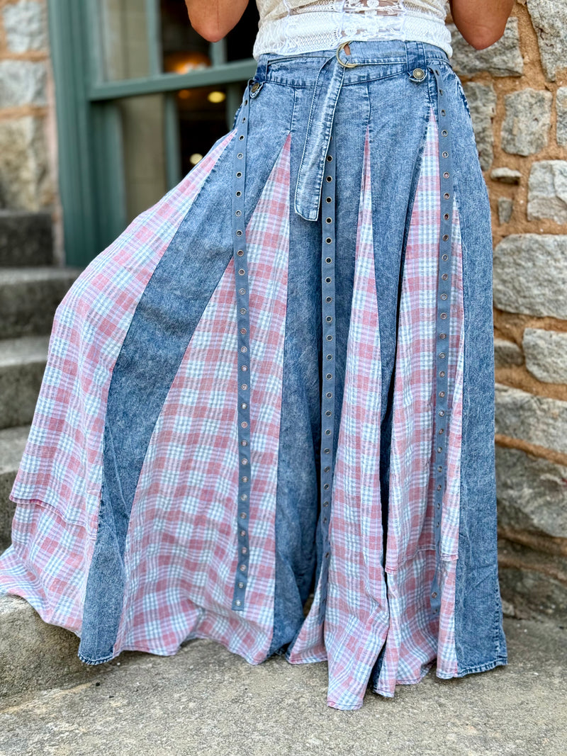 Plaid Panel Wide Leg Pants