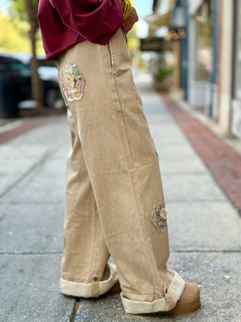 Floral Patch Cuffed Wide Leg Pants