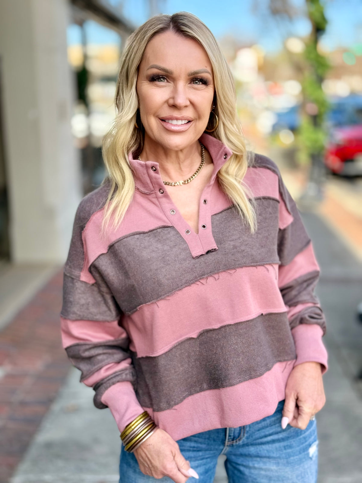 Striped Raw Edge Henley Pullover