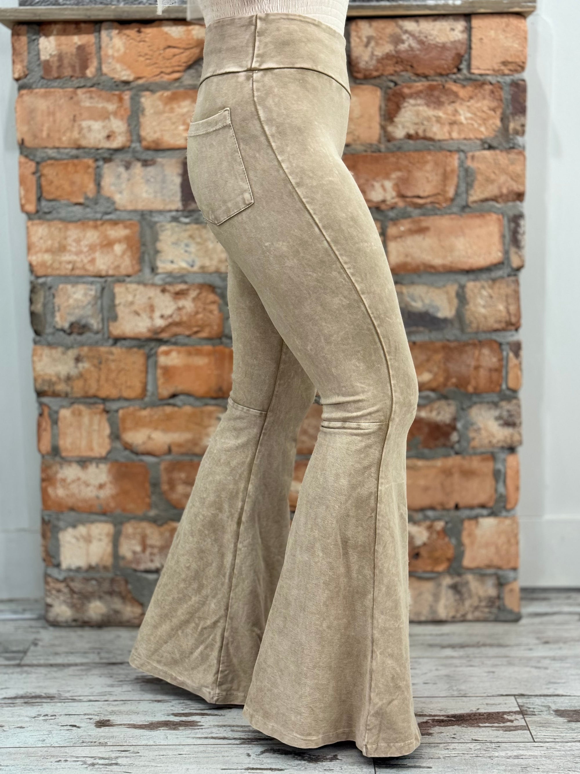 Washed Bell Bottom Flare Pants with Pockets in Beige