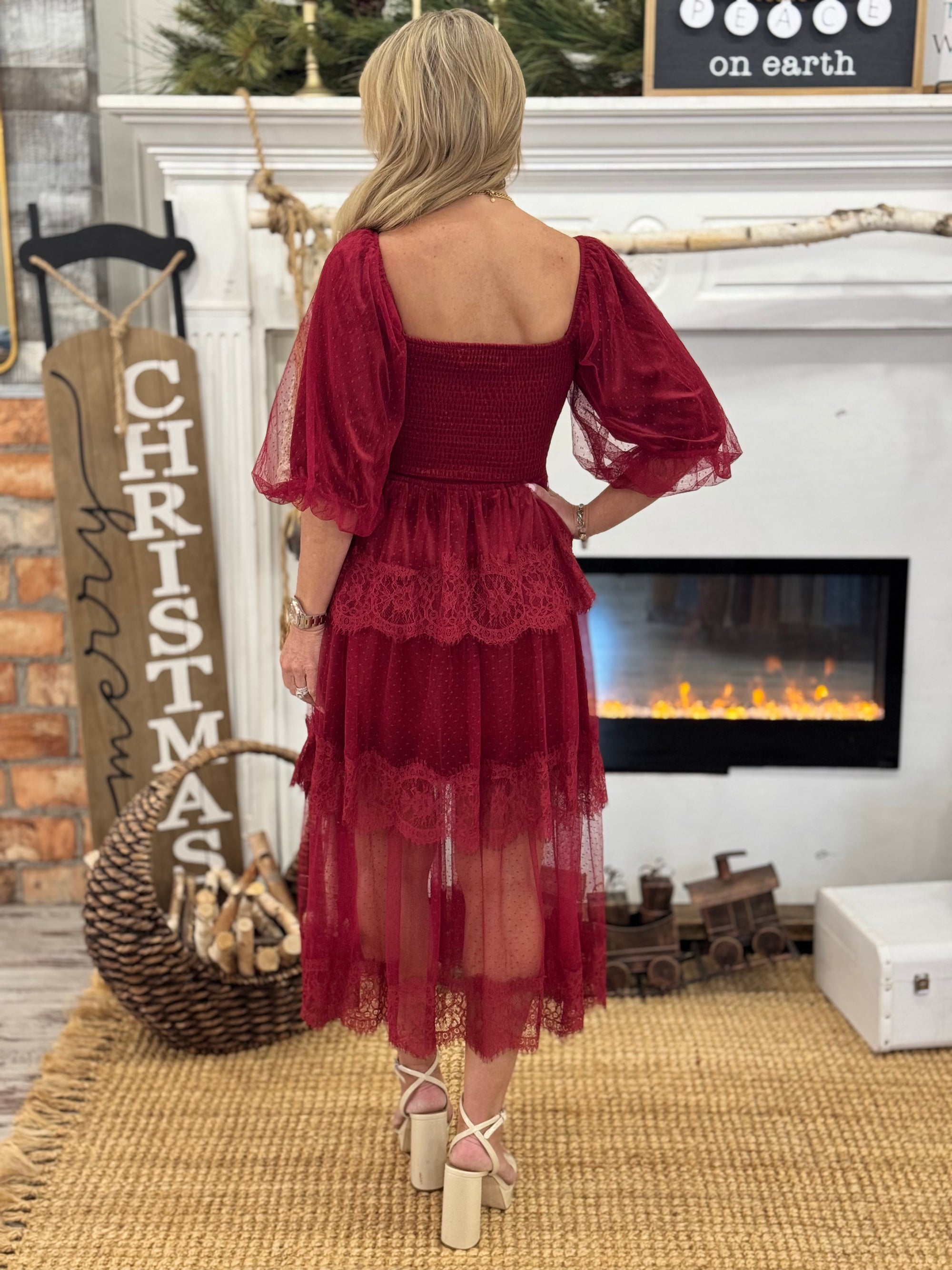 Tiered Lace + Velvet Midi Dress