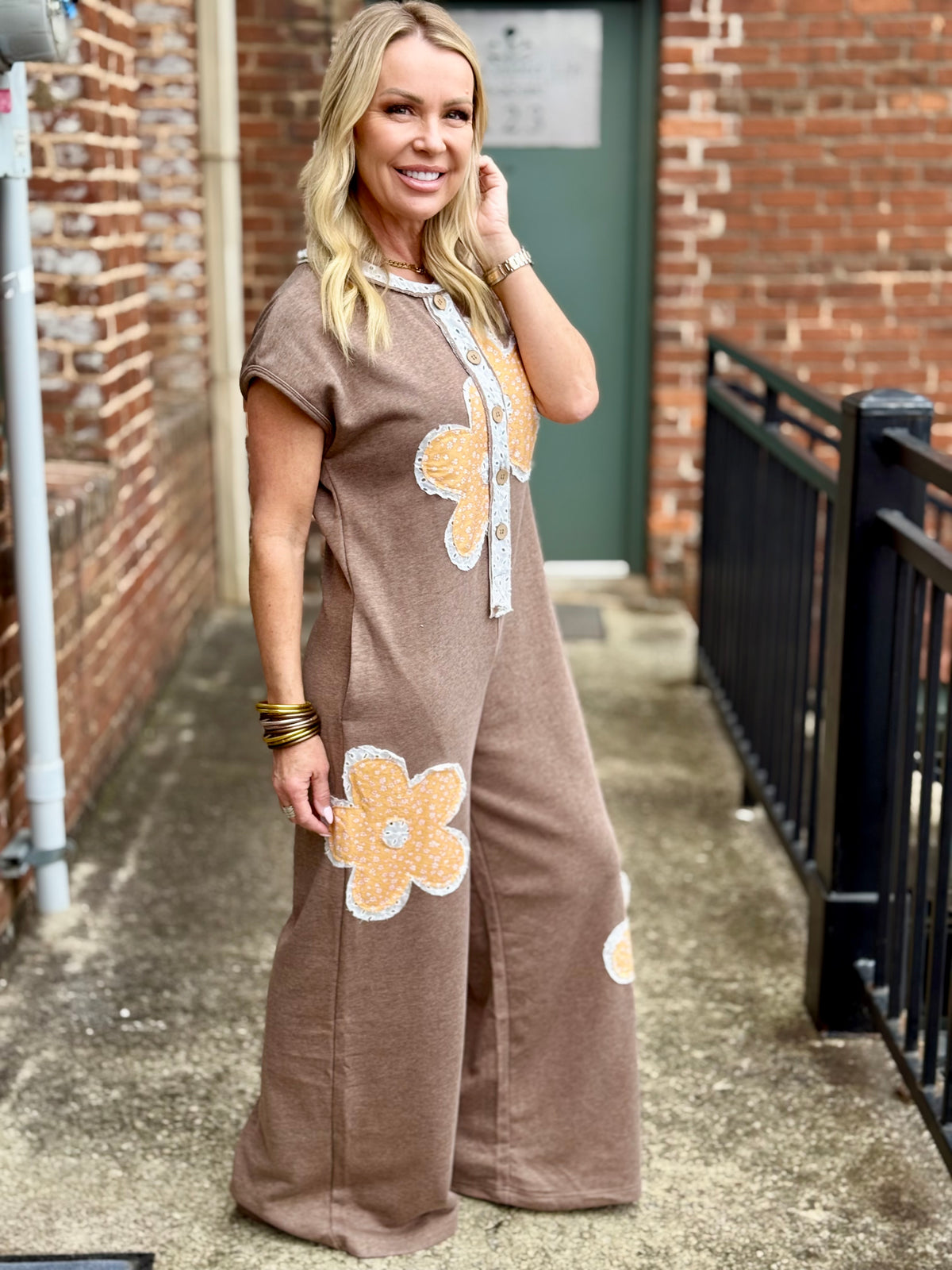 Eyelet Floral Patch Wide Leg Jumpsuit