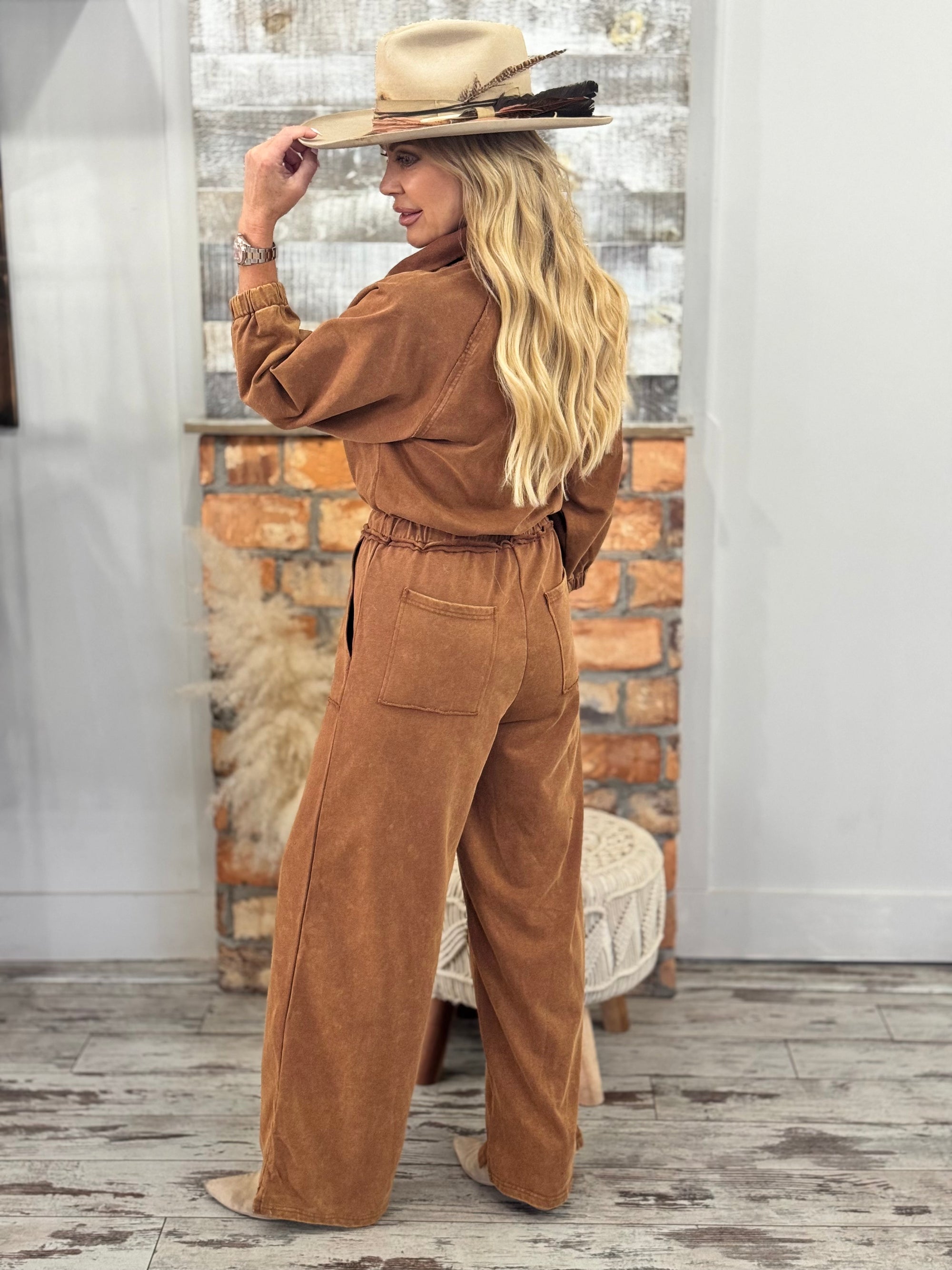 Washed Wide Leg Jumpsuit in Brown