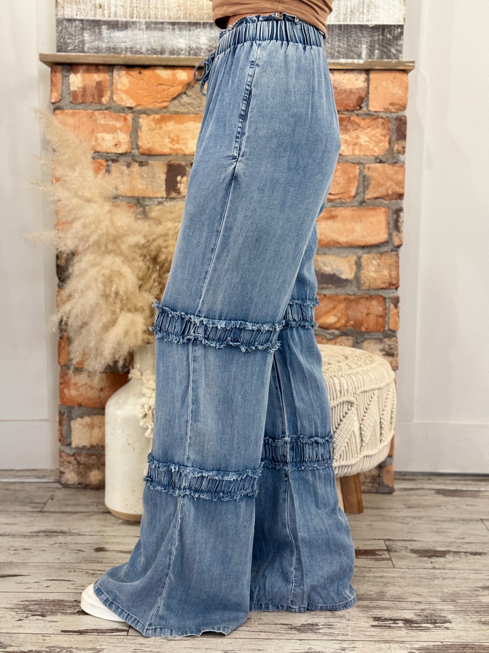 Frayed Ruffle Wide Leg Tencel Pants