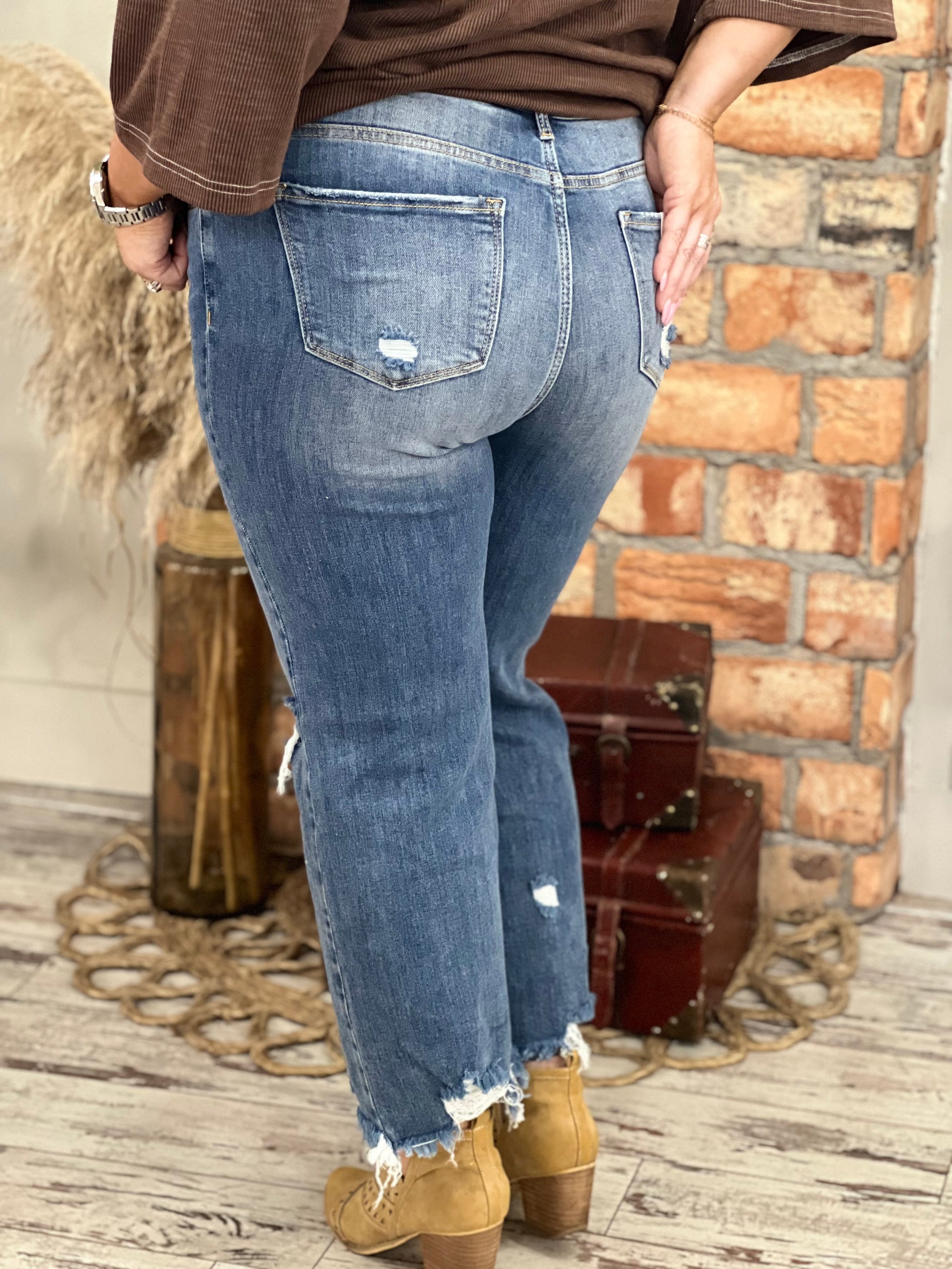 High Waist Distressed Straight Leg Jeans