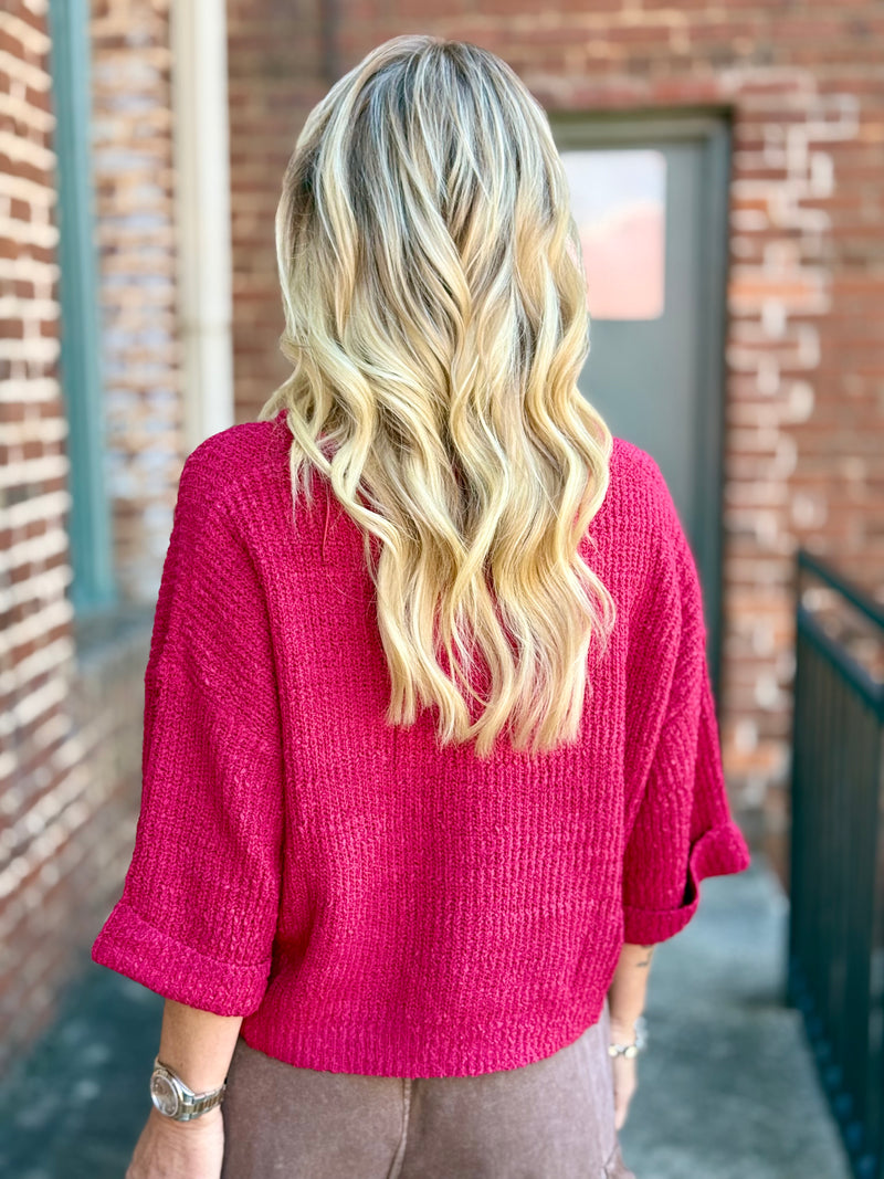 Cuffed Sleeve Split Collar Sweater | Red