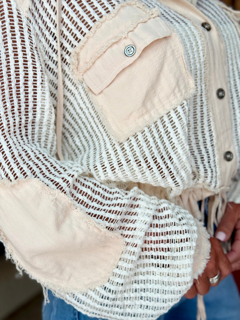 Sheer Knit Button Down Hooded Top | Cream