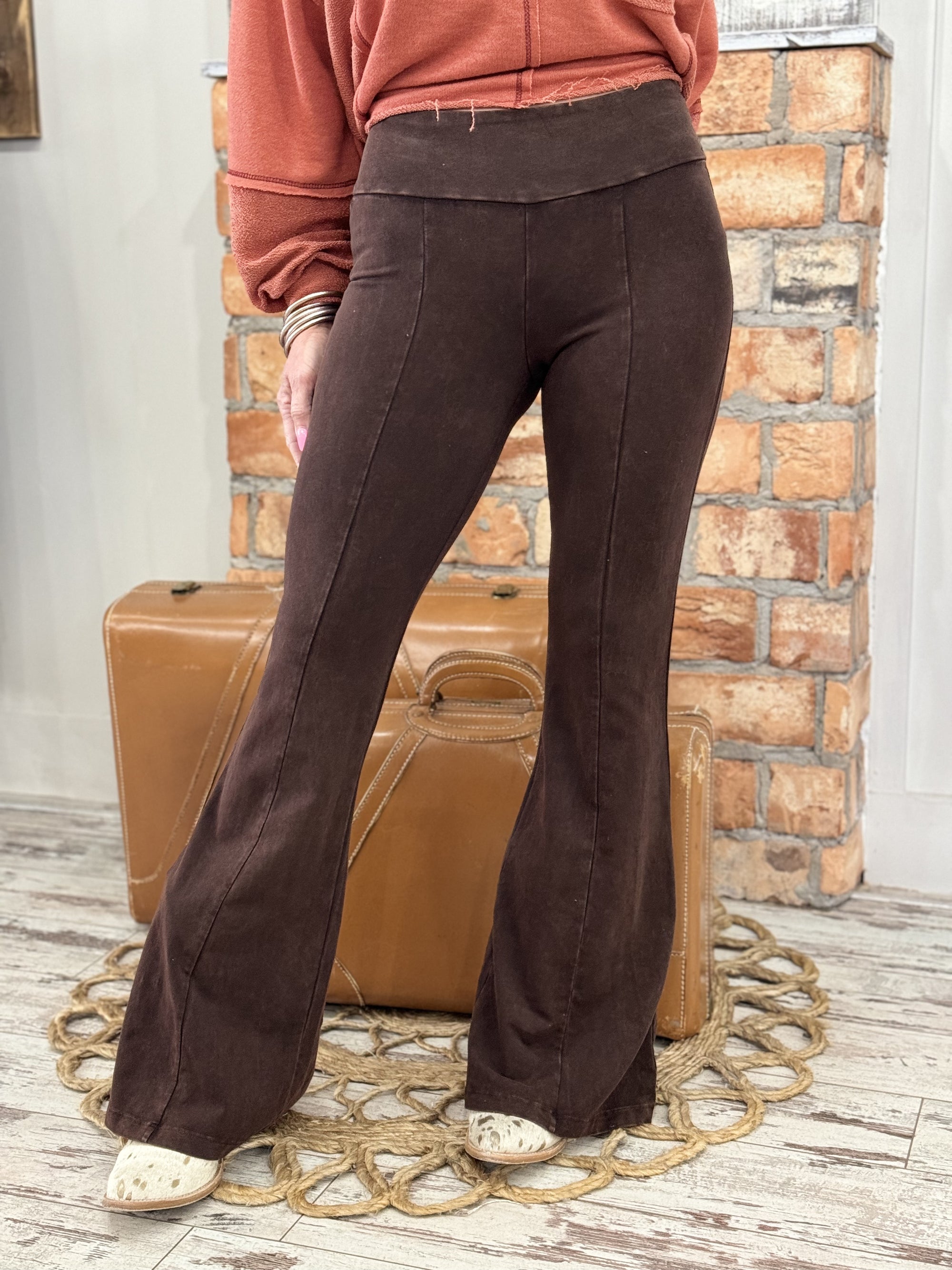 Washed Bell Bottom Front Seam Flare Pants in Brown