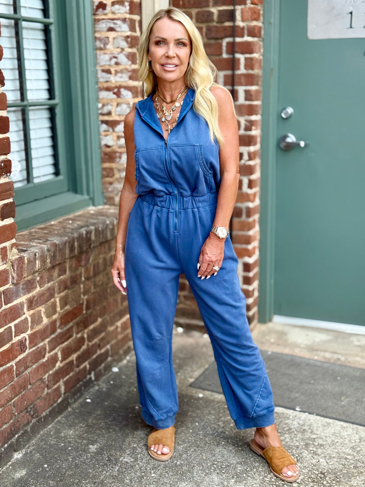 Hooded Zip Up Jogger Jumpsuit | Blue