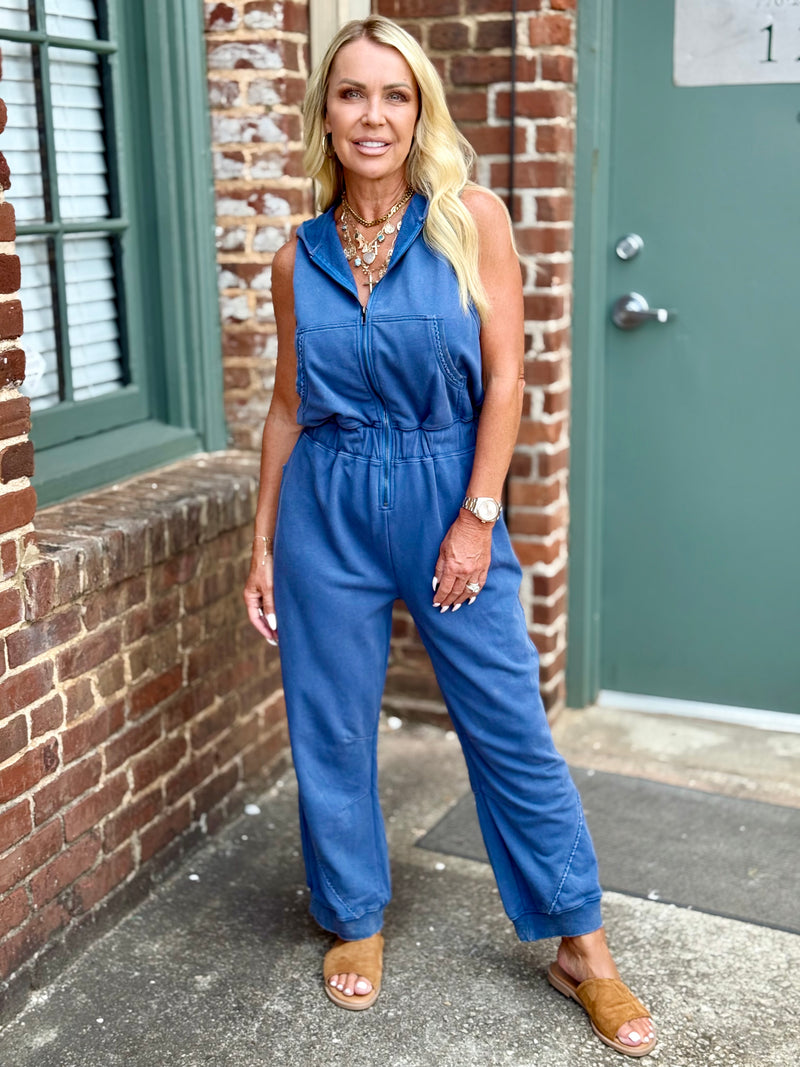 Hooded Zip Up Jogger Jumpsuit | Blue