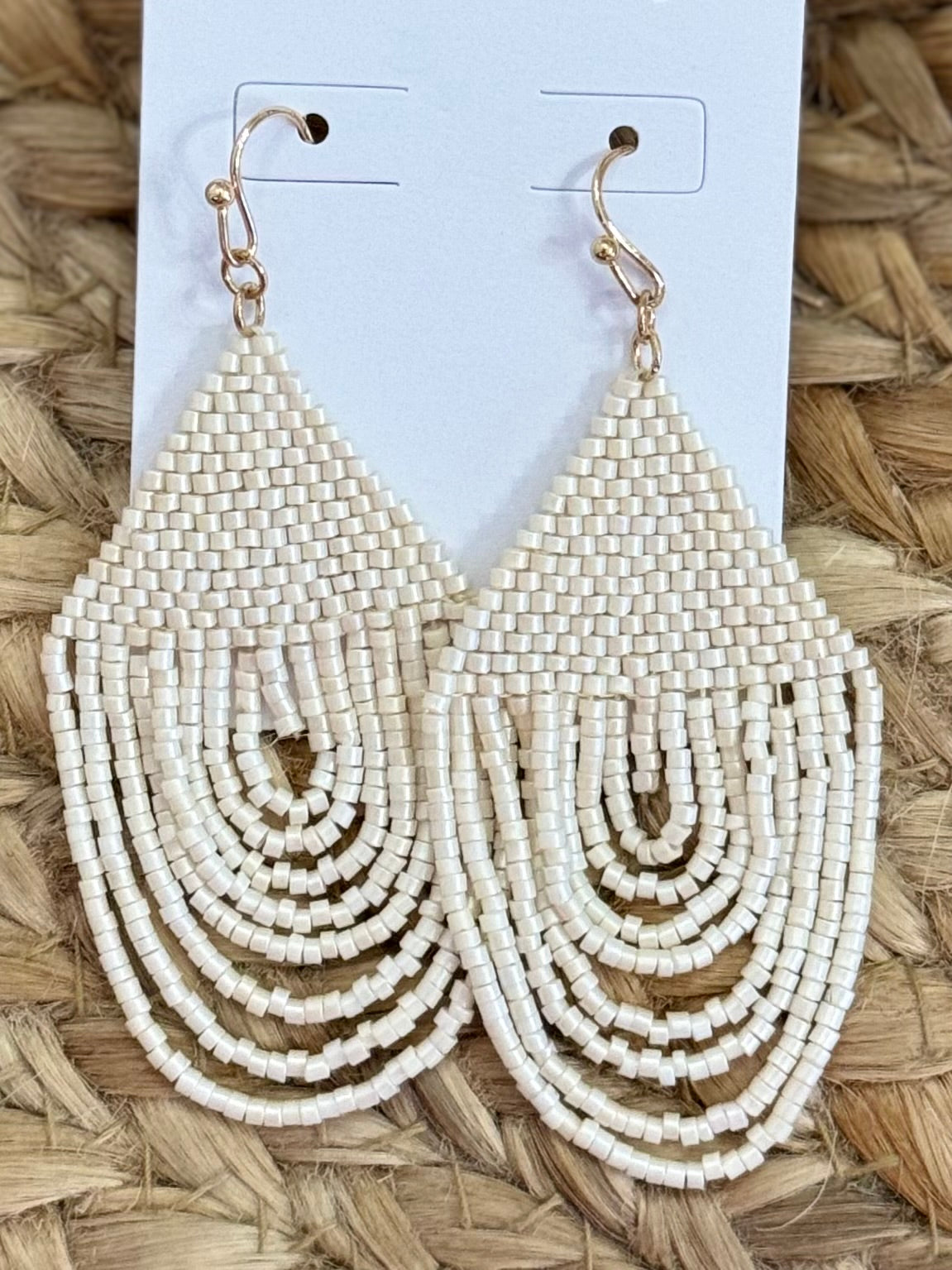 Rounded Seed Bead Tassel Earrings in Ivory