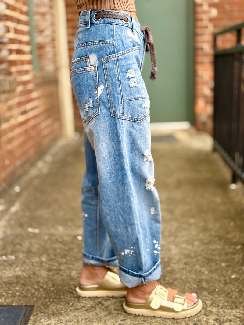 Paint Splattered Rope Belt Jeans