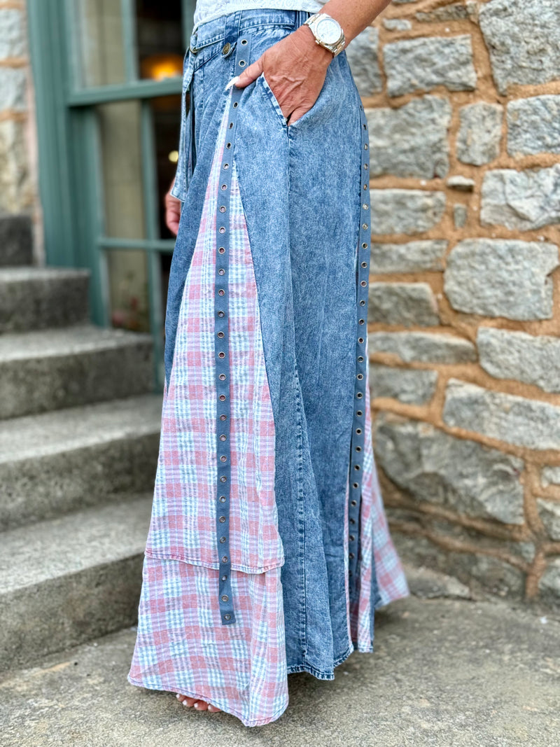 Plaid Panel Wide Leg Pants