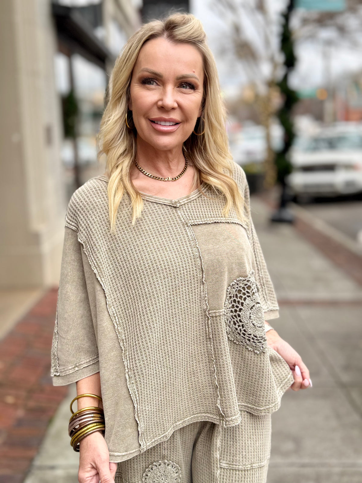 Crochet Floral Patch Waffle Top