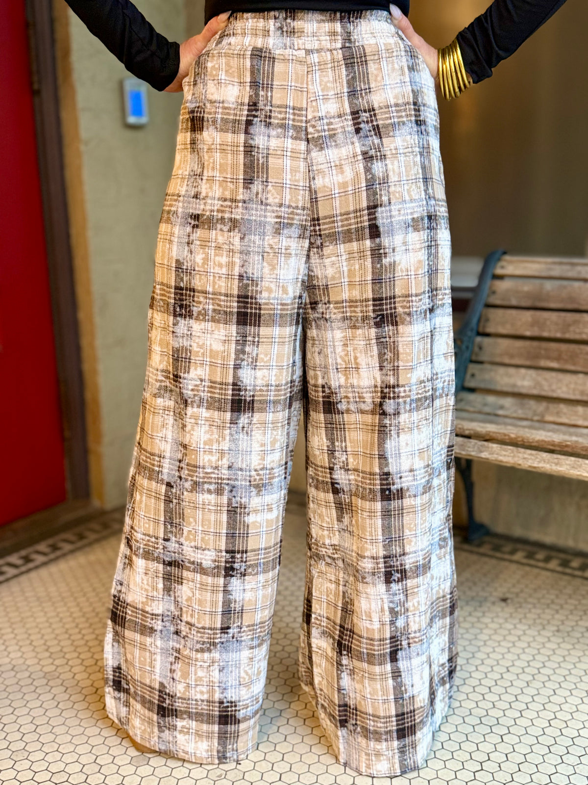 Plaid Bleach Splattered Wide Leg Pants