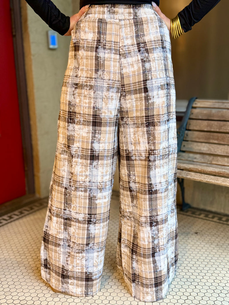Plaid Bleach Splattered Wide Leg Pants
