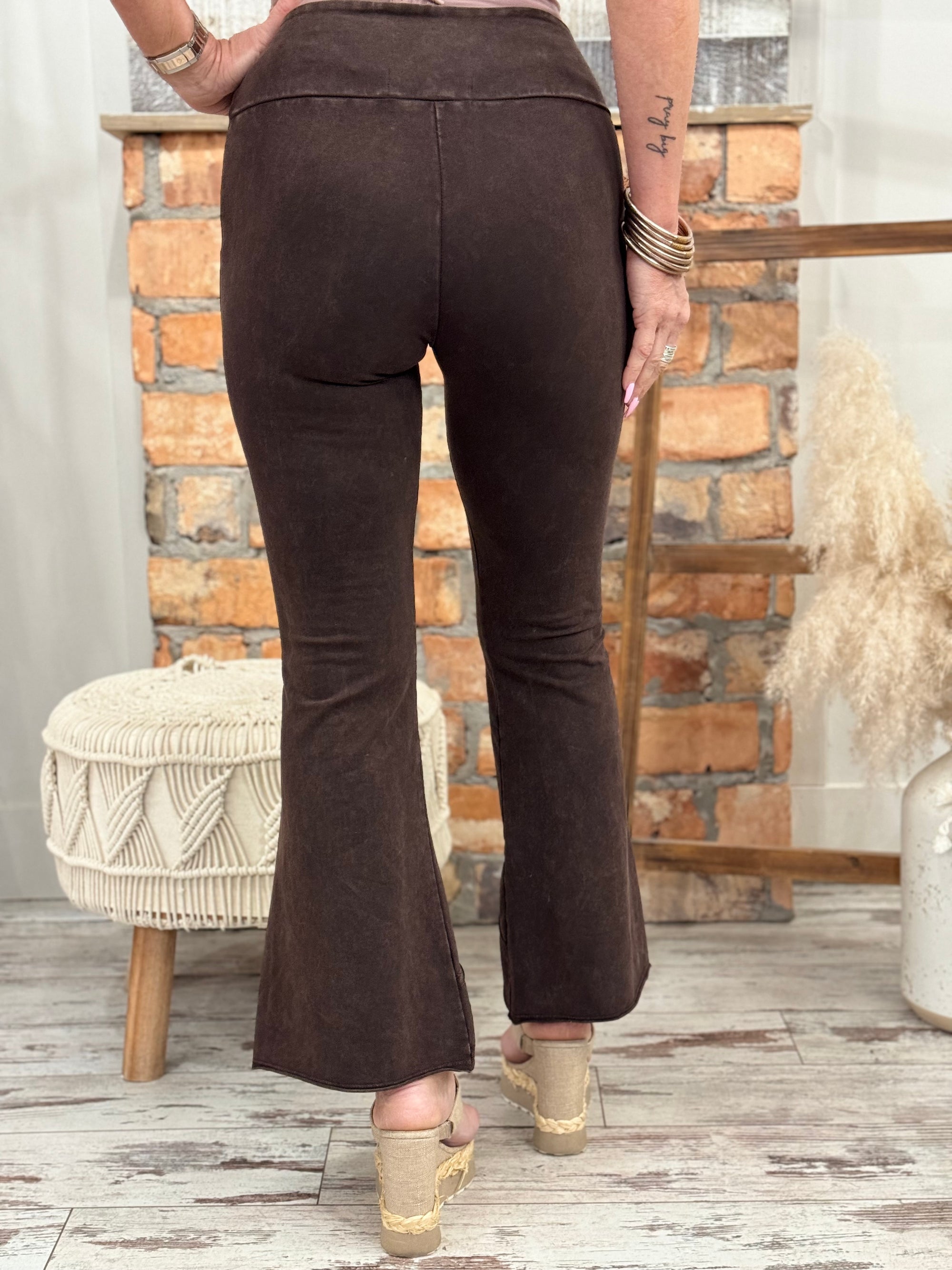 Washed Asymmetric Hem Flare Pants in Chocolate