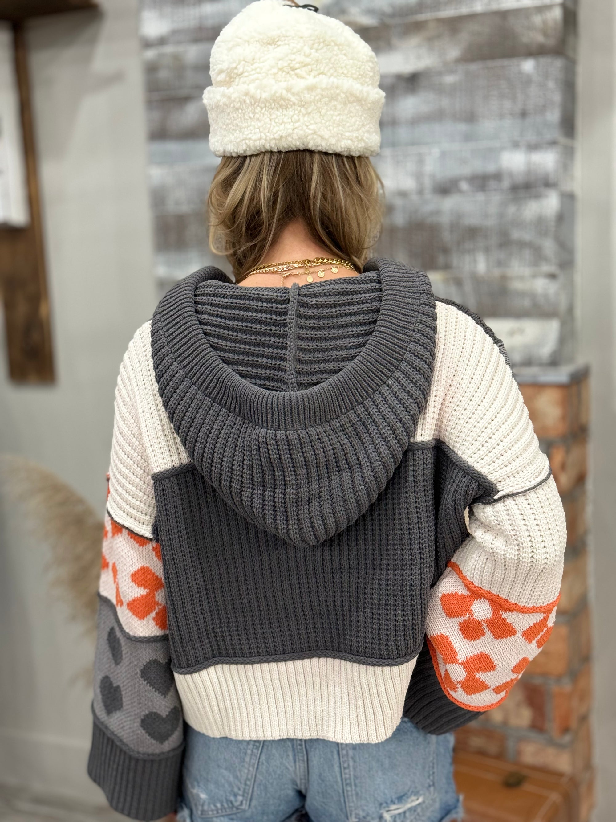 Floral + Heart Color Block Hooded Sweater