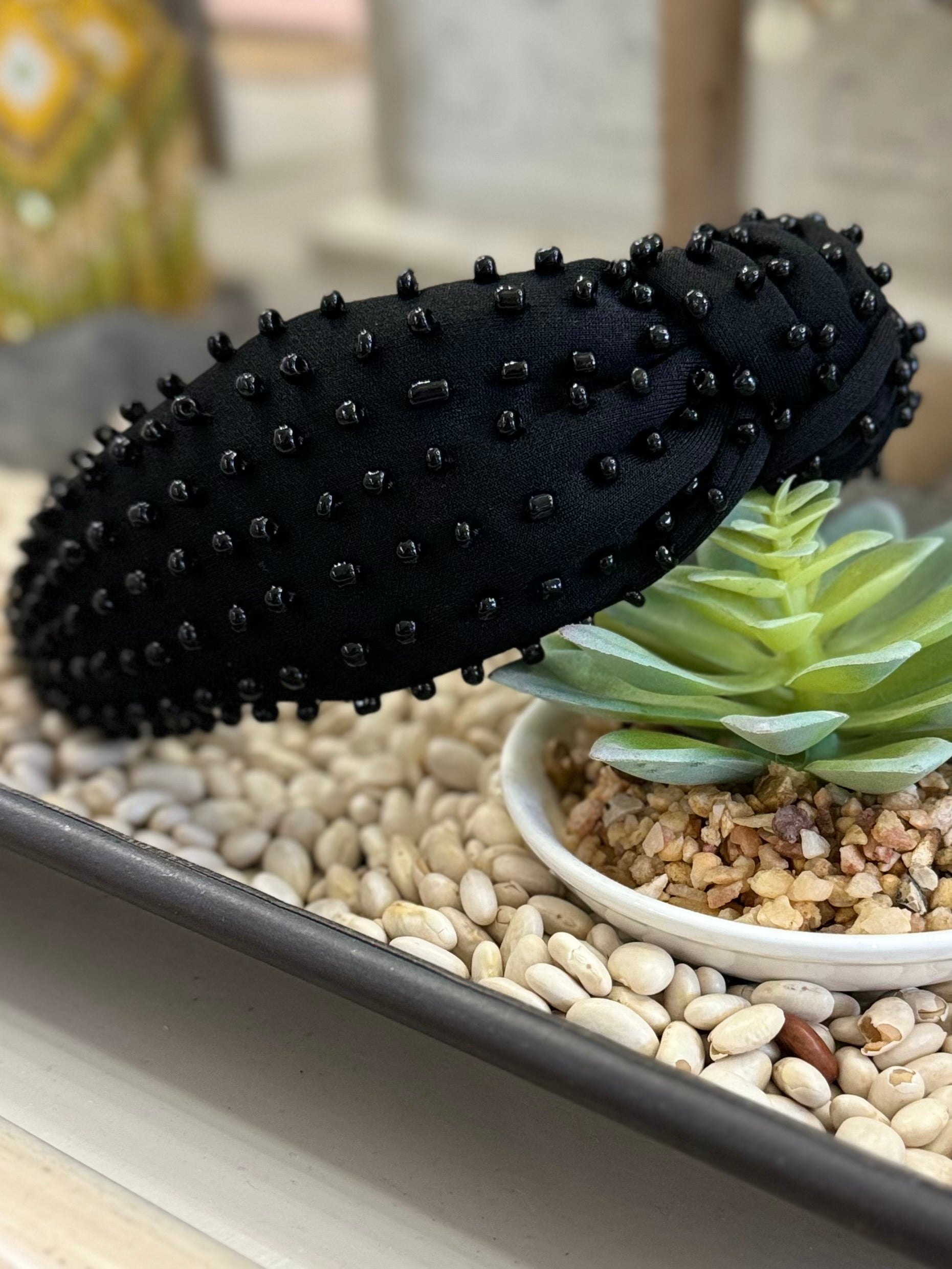 Solid Beaded Knotted Headband in Black