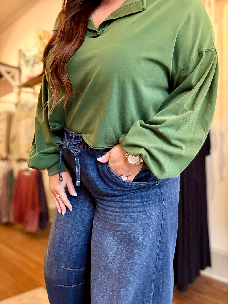 Washed Pleated Sleeve Top | Green