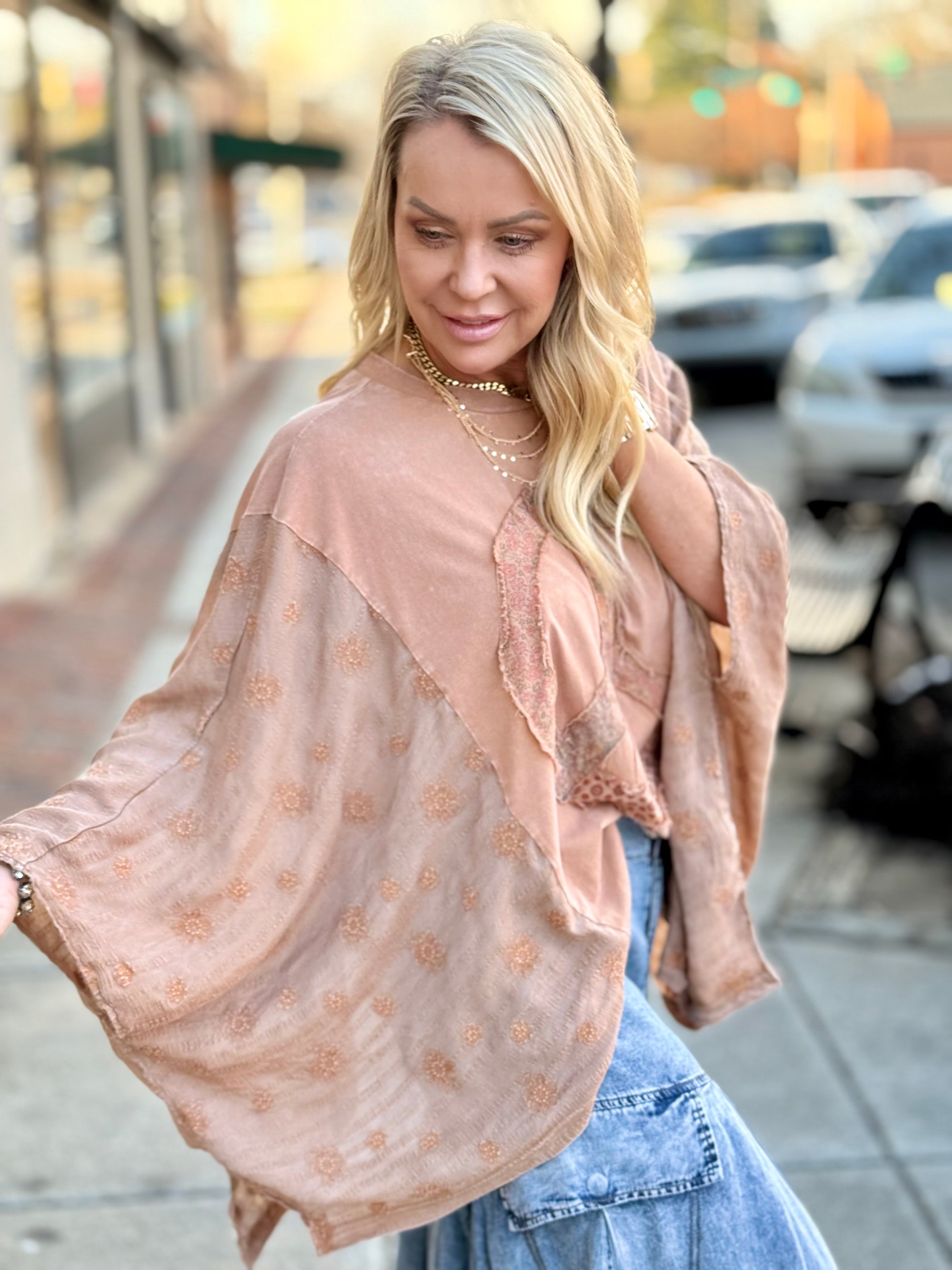 Patchwork Peace Sign Poncho Top | Tan