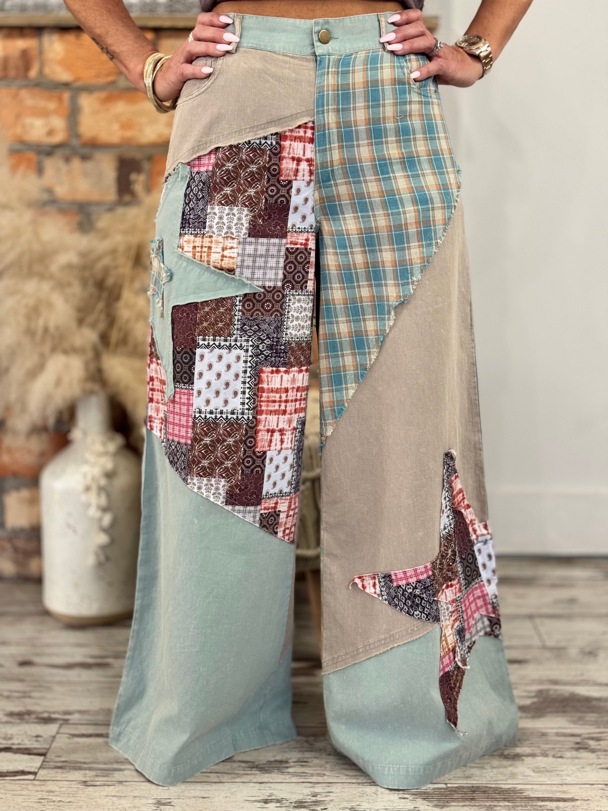 Mixed Patchwork Wide Leg Pants