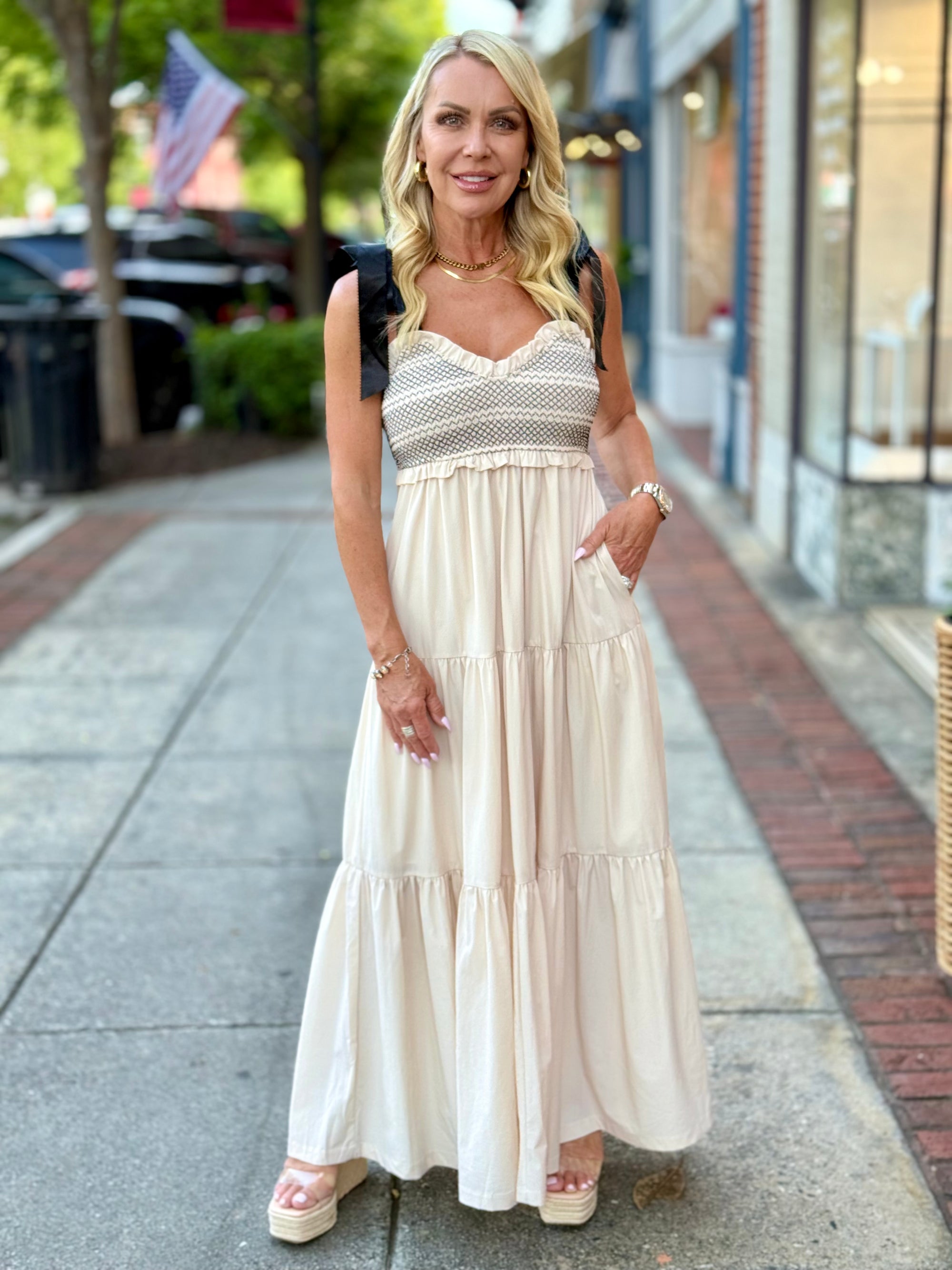 Tiered Ribbon Tie Maxi Dress