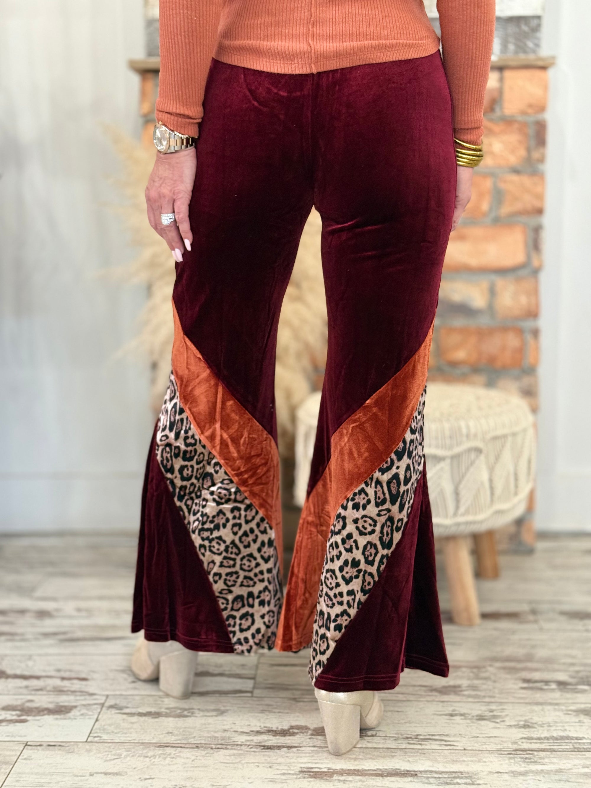 Velvet Leopard Color Block Flare Pants | Wine