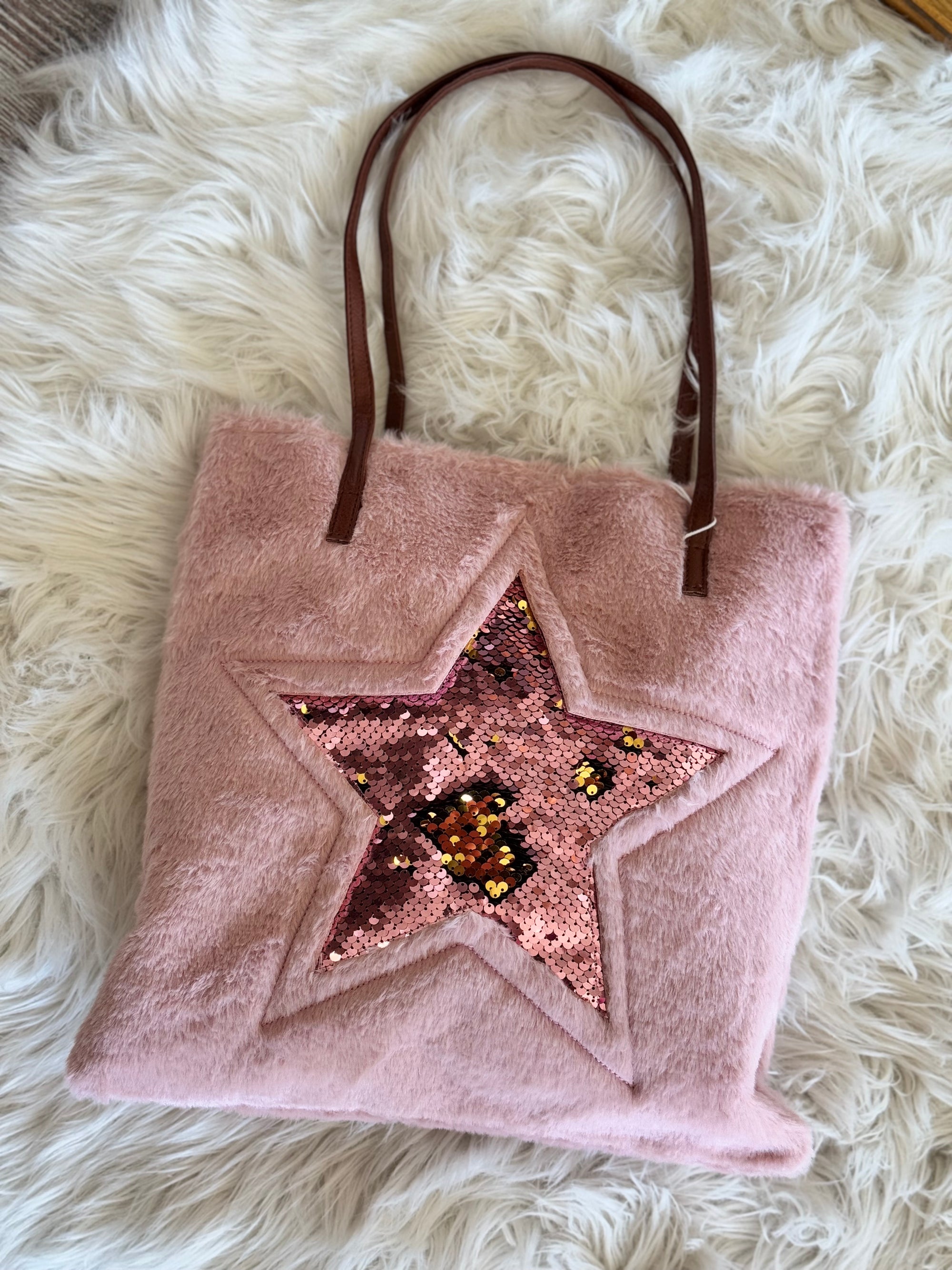 Sequin Star Fuzzy Tote Bag | Mauve