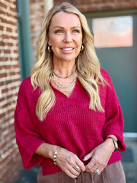 Cuffed Sleeve Split Collar Sweater | Red