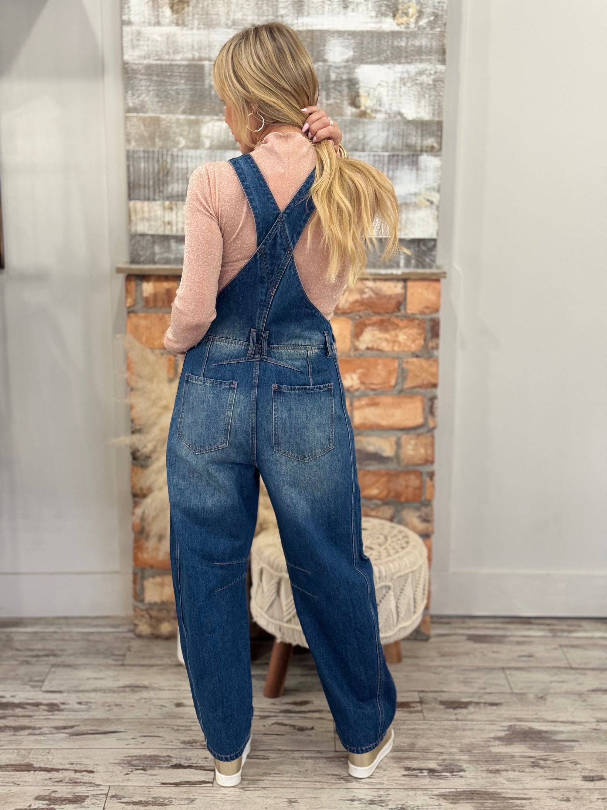 Dark Denim Barrel Overalls